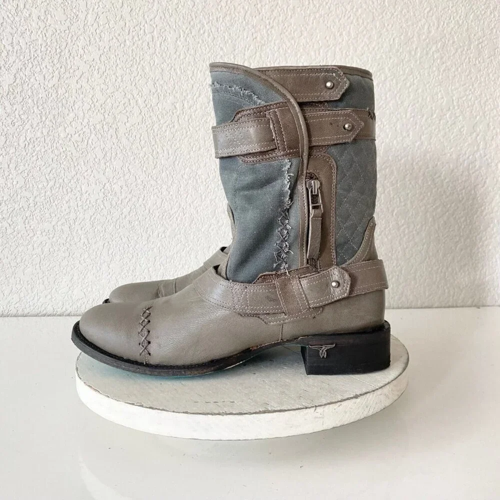 NEW Lane Womens Gray Quilted Mid-Calf Boots With Zipper & Buckle Accents Size 10